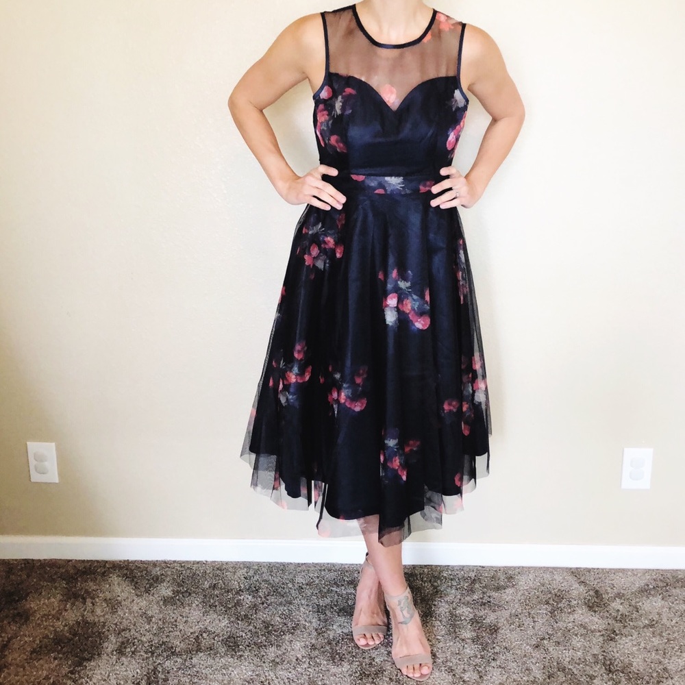 Navy blue flower midi dress